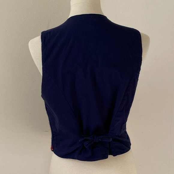 Vintage Embroidered Folk Art Vest Navy Blue Wool Button Up Vest - Picture 3 of 14
